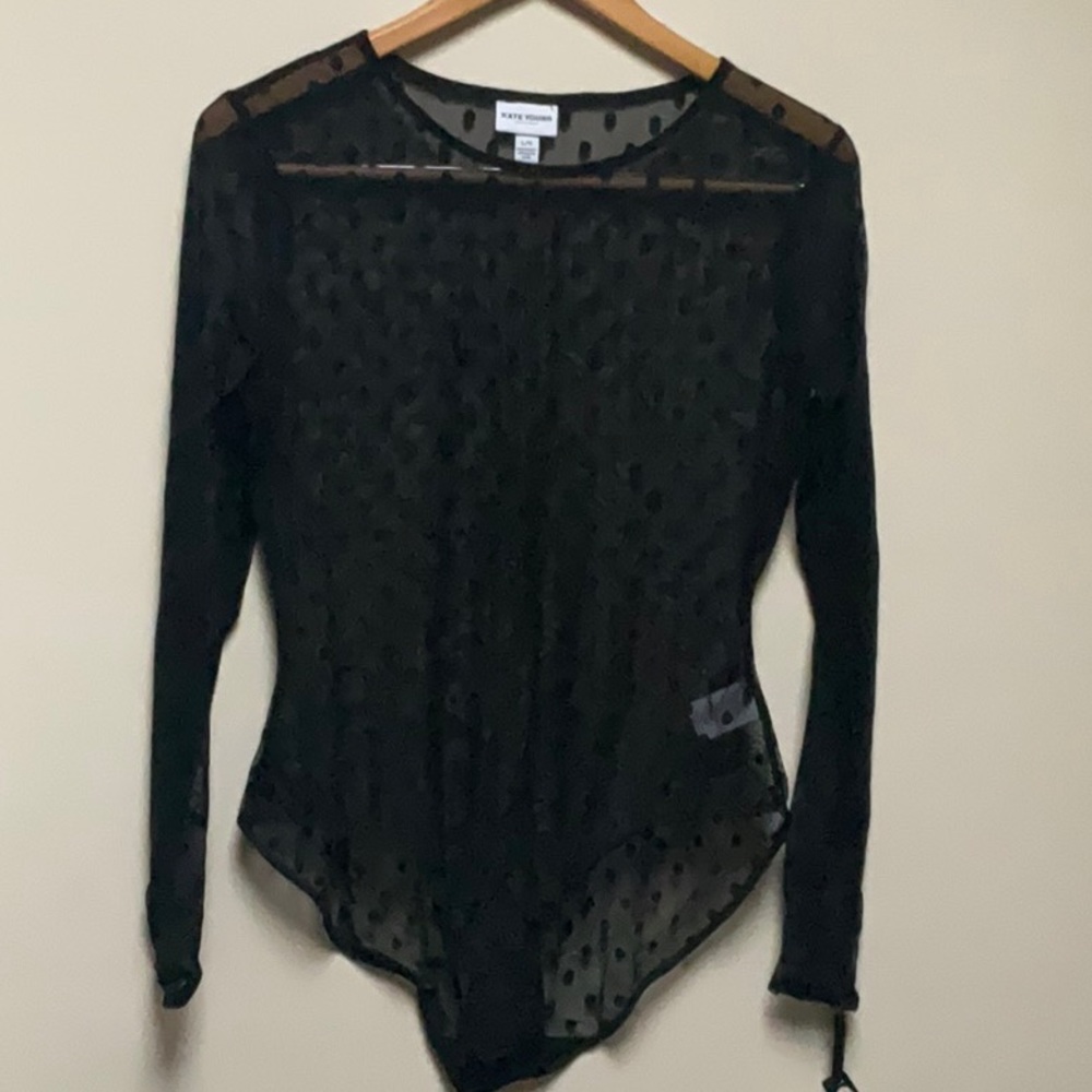 Kate Young sheer bodysuit polka dots, black. Size L NWT